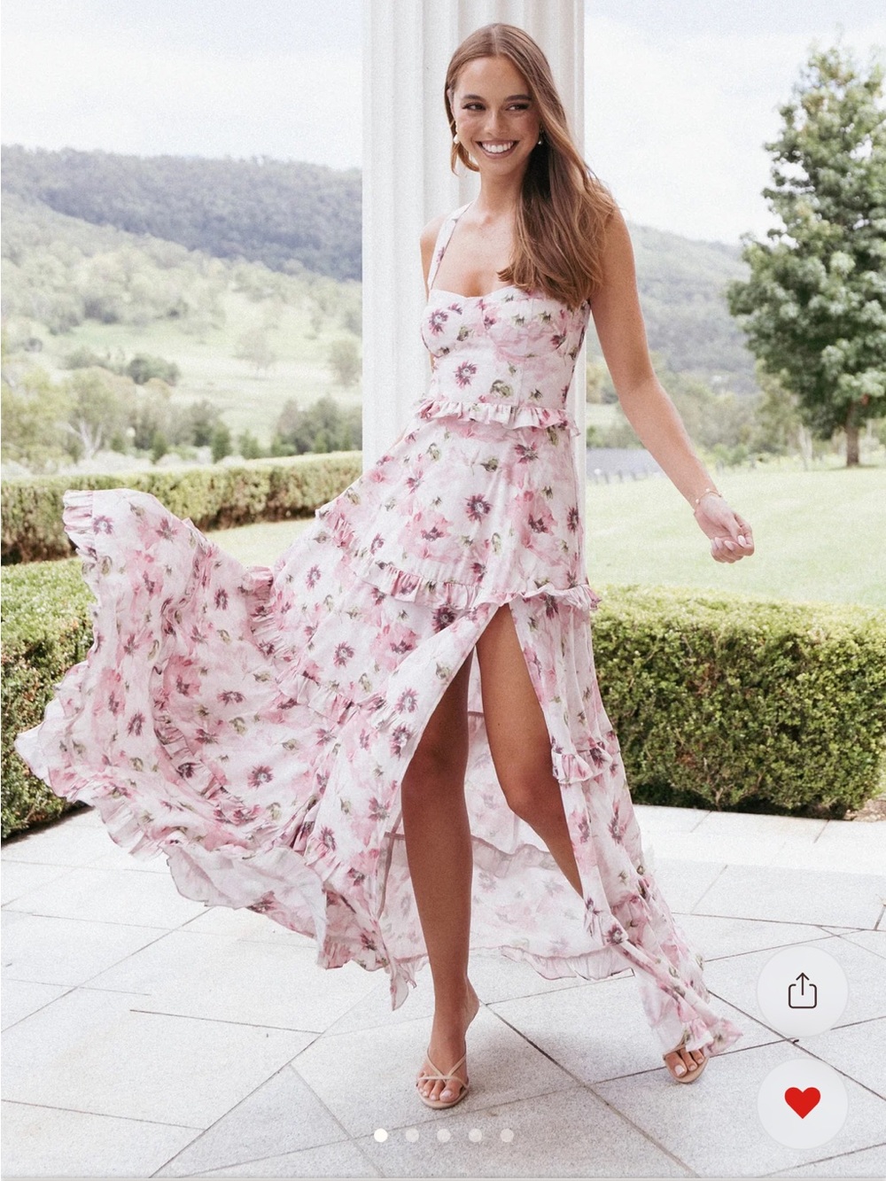 Petal & Pup Pink Floral Ruffle Maxi Dress with Front Slit